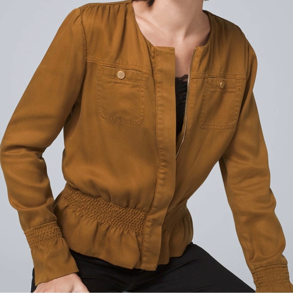 WHBM Smocked peplum soft feminine jacket in bronze brown - XXS